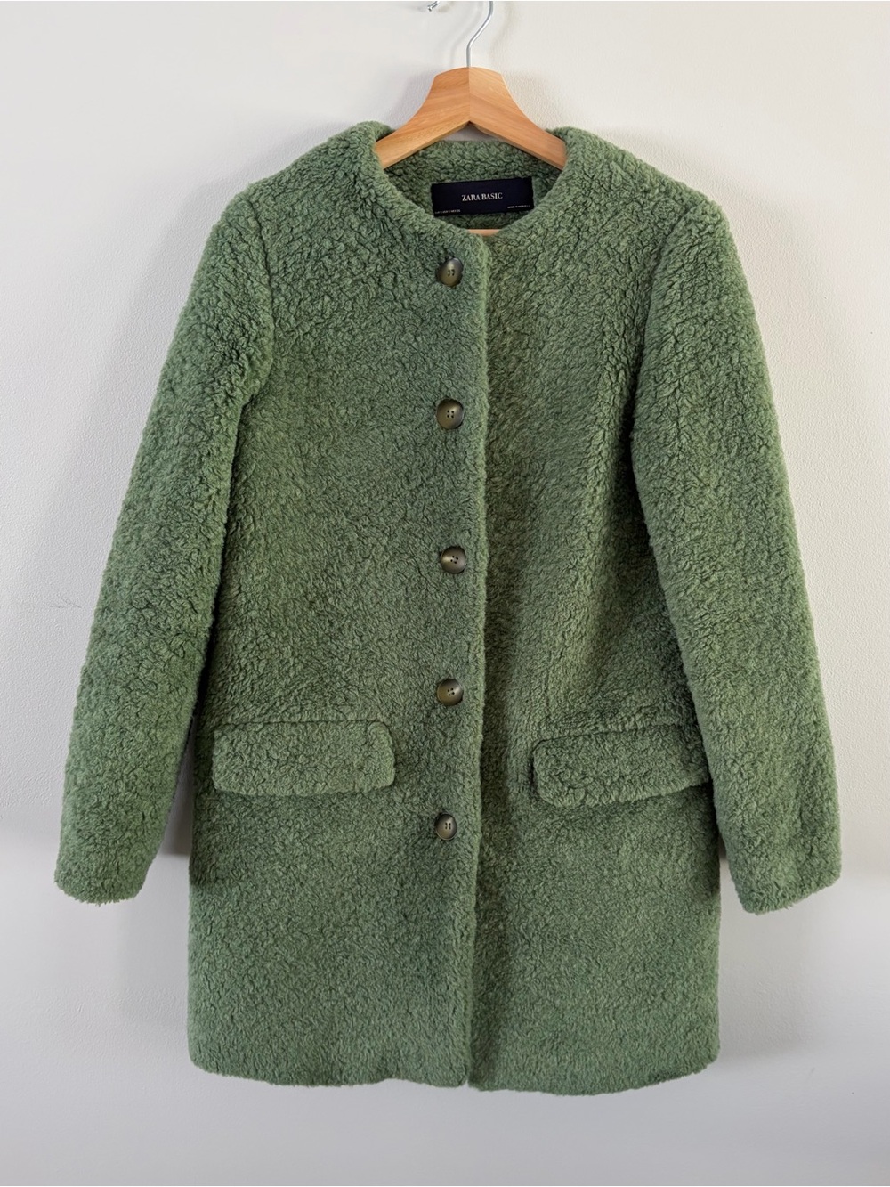 Zara Olive Green Teddy Coat - Button-Front Plush Jacket